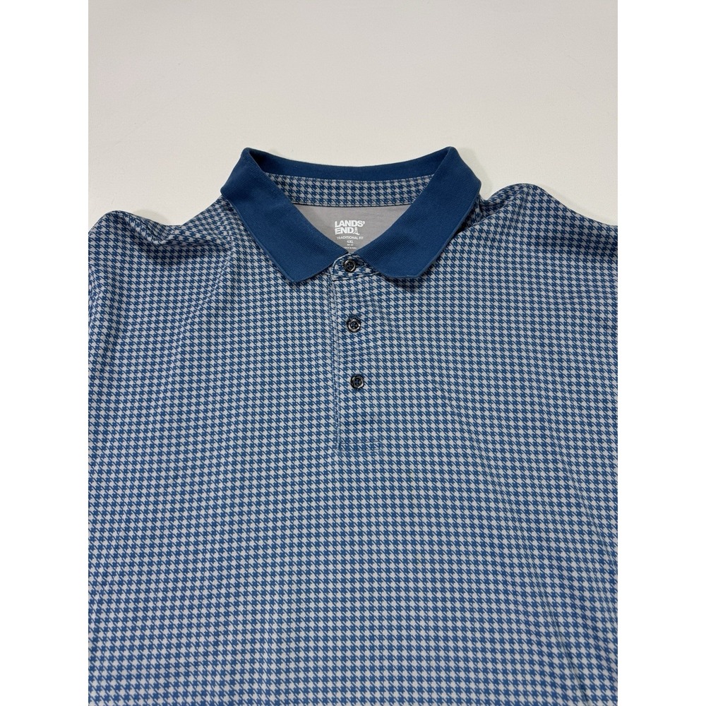 Lands End Traditional Fit Men's 4XL Blue Grey Houndstooth Long Sleeve Polo Shirt